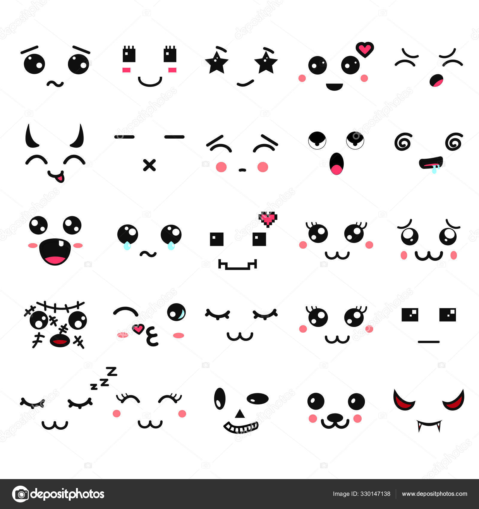 Kawaii cute faces. Manga style eyes and mouths. Funny cartoon japanese  emoticon in in different expressions. Expression anime character and  emoticon face illustration. Background, Wallpaper. Stock Vector Image by  ©Ballerion #330147138