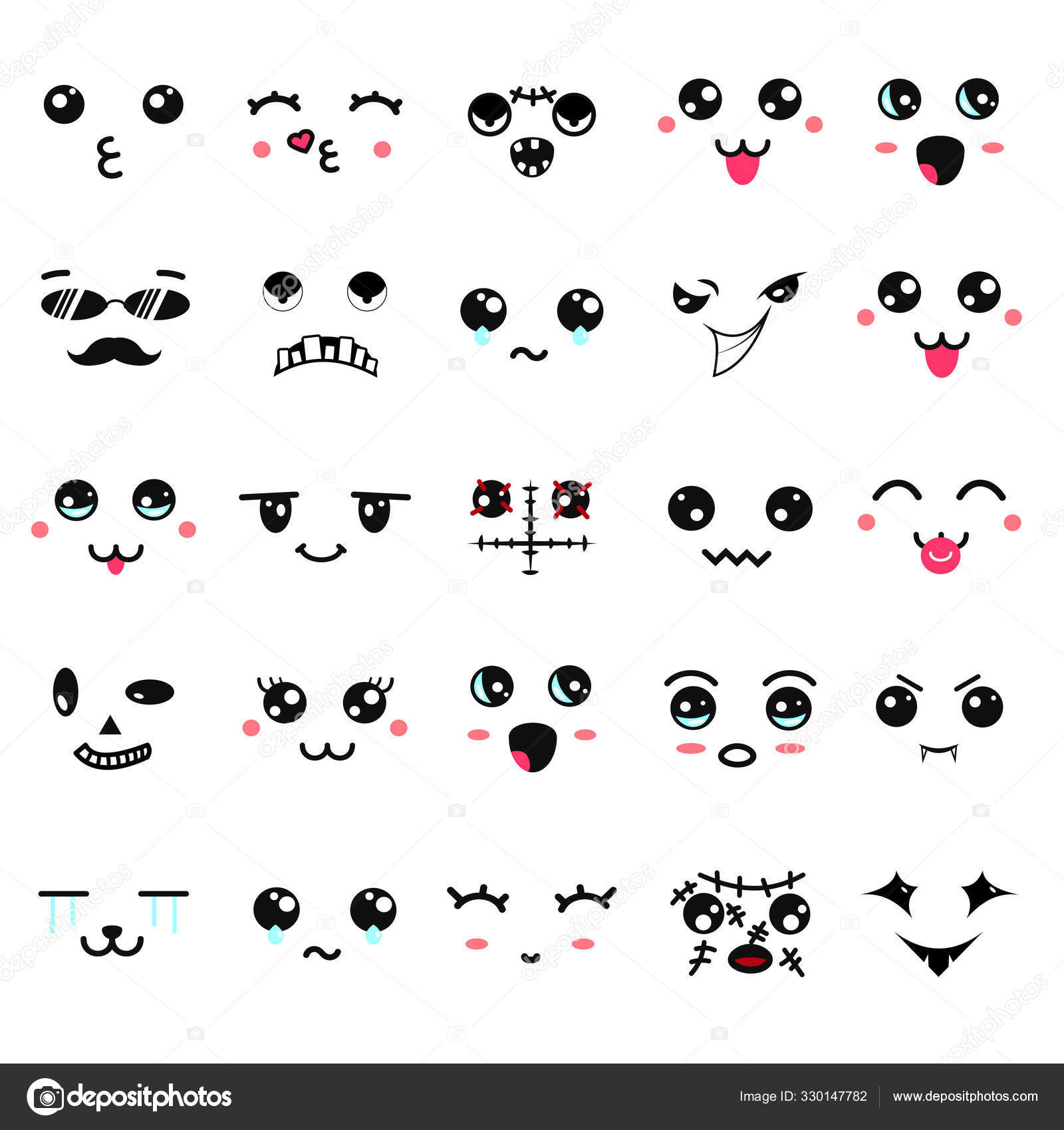 Kawaii cute faces. Manga style eyes and mouths. Funny cartoon japanese ...