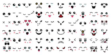 Kawaii sevimli yüzler. Manga tarzı gözler ve ağızlar. Farklı ifadelerde komik Japon karikatürü ifadeleri. İfade anime karakteri ve yüz resmi. Arkaplan, Duvar Kağıdı.
