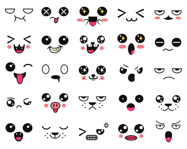 Caras lindas de Kawaii. Ojos y bocas estilo manga. Divertido emoticono japonés de dibujos animados en diferentes expresiones. Personaje de anime de expresión e ilustración de cara emoticono. Fondo, Fondo de pantalla . — Archivo Imágenes Vectoriales