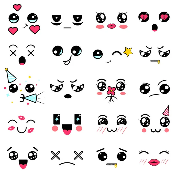 Caras lindas de Kawaii. Ojos y bocas estilo manga. Divertido emoticono japonés de dibujos animados en diferentes expresiones. Personaje de anime de expresión e ilustración de cara emoticono. Fondo, Fondo de pantalla . — Vector de stock