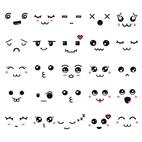 Caras lindas de Kawaii. Ojos y bocas estilo manga. Divertido emoticono japonés de dibujos animados en diferentes expresiones. Personaje de anime de expresión e ilustración de cara emoticono. Fondo, Fondo de pantalla . — Archivo Imágenes Vectoriales