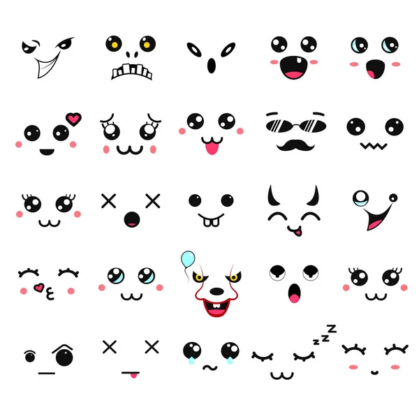 Caras lindas de Kawaii. Ojos y bocas estilo manga. Divertido emoticono japonés de dibujos animados en diferentes expresiones. Personaje de anime de expresión e ilustración de cara emoticono. Fondo, Fondo de pantalla . — Archivo Imágenes Vectoriales