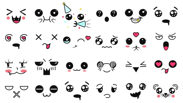 Caras lindas de Kawaii. Ojos y bocas estilo manga. Divertido emoticono japonés de dibujos animados en diferentes expresiones. Personaje de anime de expresión e ilustración de cara emoticono. Fondo, Fondo de pantalla . — Vector de stock