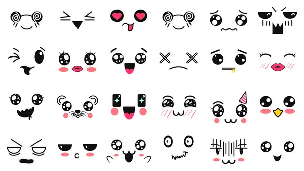 Caras lindas de Kawaii. Ojos y bocas estilo manga. Divertido emoticono japonés de dibujos animados en diferentes expresiones. Personaje de anime de expresión e ilustración de cara emoticono. Fondo, Fondo de pantalla . — Vector de stock