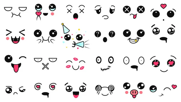 Kawaii cute faces. Manga style eyes and mouths. Funny cartoon japanese emoticon in in different expressions. Expression anime character and emoticon face illustration. Background, Wallpaper. — Stock Vector