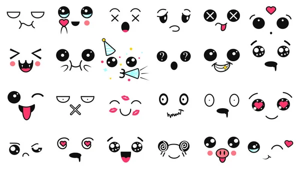 Facce carine di Kawaii. Occhi e bocche in stile manga. Cartone animato divertente emoticon giapponese in diverse espressioni. Espressione anime personaggio ed emoticon volto illustrazione. sfondo, carta da parati . — Vettoriale Stock