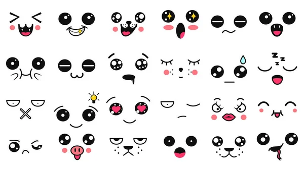 Kawaii aranyos arcok. Manga stílusú szemek és szájak. Vicces rajzfilm japán emoticon különböző kifejezések. Kifejezés anime karakter és emotikon arc illusztráció. Háttér, tapéta. — Stock Vector