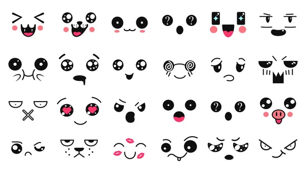 Facce carine di Kawaii. Occhi e bocche in stile manga. Cartone animato divertente emoticon giapponese in diverse espressioni. Espressione anime personaggio ed emoticon volto illustrazione. sfondo, carta da parati . — Vettoriale Stock