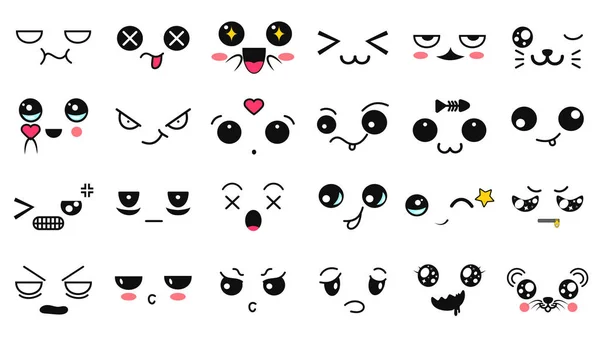 Caras lindas de Kawaii. Ojos y bocas estilo manga. Divertido emoticono japonés de dibujos animados en diferentes expresiones. Personaje de anime de expresión e ilustración de cara emoticono. Fondo, Fondo de pantalla . — Archivo Imágenes Vectoriales