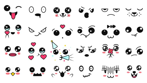 Kawaii cute faces. Manga style eyes and mouths. Funny cartoon japanese emoticon in in different expressions. Expression anime character and emoticon face illustration. Background, Wallpaper. — Stock Vector