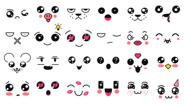可愛い顔漫画風の目と口。異なる表情で面白い漫画日本語の感情。アニメのキャラクターや表情イラストを表現。背景,壁紙. — ストックベクタ