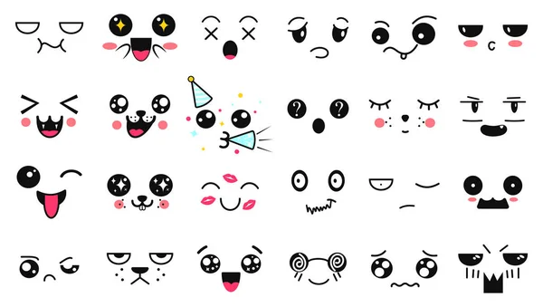 Caras lindas de Kawaii. Ojos y bocas estilo manga. Divertido emoticono japonés de dibujos animados en diferentes expresiones. Personaje de anime de expresión e ilustración de cara emoticono. Fondo, Fondo de pantalla . — Vector de stock