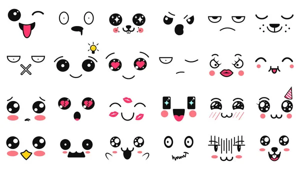 Caras lindas de Kawaii. Ojos y bocas estilo manga. Divertido emoticono japonés de dibujos animados en diferentes expresiones. Personaje de anime de expresión e ilustración de cara emoticono. Fondo, Fondo de pantalla . — Archivo Imágenes Vectoriales