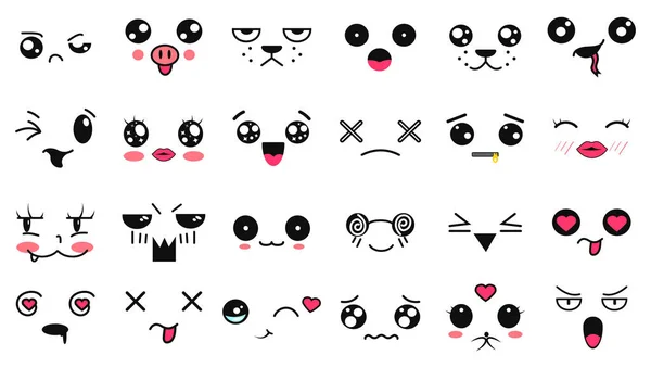 Kawaii niedliche Gesichter. Augen und Münder im Manga-Stil. lustig cartoon japanischen emoticon in verschiedenen Ausdrücken. Ausdruck Anime Charakter und Emoticon Gesicht Illustration. Hintergrund, Tapete. — Stockvektor