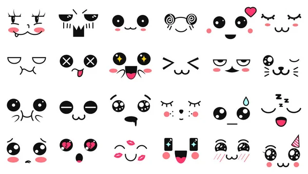 Caras lindas de Kawaii. Ojos y bocas estilo manga. Divertido emoticono japonés de dibujos animados en diferentes expresiones. Personaje de anime de expresión e ilustración de cara emoticono. Fondo, Fondo de pantalla . — Archivo Imágenes Vectoriales