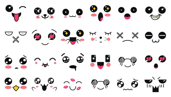 Caras lindas de Kawaii. Ojos y bocas estilo manga. Divertido emoticono japonés de dibujos animados en diferentes expresiones. Personaje de anime de expresión e ilustración de cara emoticono. Fondo, Fondo de pantalla . — Vector de stock