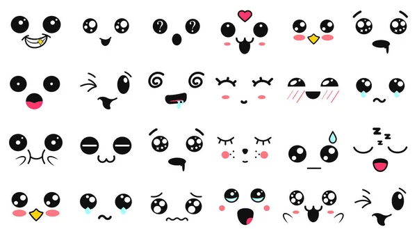 Caras lindas de Kawaii. Ojos y bocas estilo manga. Divertido emoticono japonés de dibujos animados en diferentes expresiones. Personaje de anime de expresión e ilustración de cara emoticono. Fondo, Fondo de pantalla . — Vector de stock