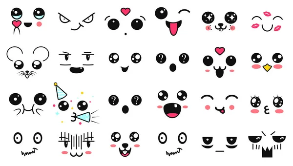 Κούαϊ, χαριτωμένα πρόσωπα. Μάτια και στόματα με στυλ Μάνγκα. Αστείο καρτούν γιαπωνέζικο emoticon σε διαφορετικές εκφράσεις. Έκφραση anime χαρακτήρα και emoticon εικόνα προσώπου. Ιστορικό, Ταπετσαρία. — Διανυσματικό Αρχείο