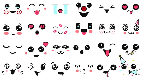 Caras lindas de Kawaii. Ojos y bocas estilo manga. Divertido emoticono japonés de dibujos animados en diferentes expresiones. Personaje de anime de expresión e ilustración de cara emoticono. Fondo, Fondo de pantalla . — Archivo Imágenes Vectoriales