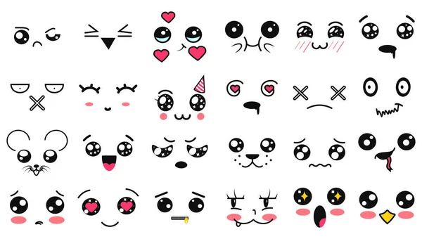 Caras lindas de Kawaii. Ojos y bocas estilo manga. Divertido emoticono japonés de dibujos animados en diferentes expresiones. Personaje de anime de expresión e ilustración de cara emoticono. Fondo, Fondo de pantalla . — Vector de stock