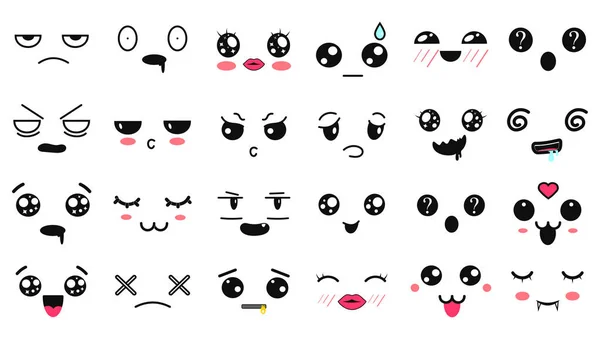 Kawaii söta ansikten. Manga stil ögon och munnar. Rolig tecknad japansk emoticon i olika uttryck. Uttryck anime karaktär och emoticon ansikte illustration. Bakgrund, Bakgrund. — Stock vektor