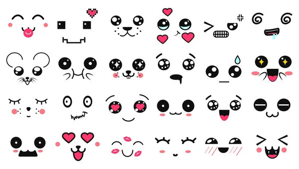 Caras lindas de Kawaii. Ojos y bocas estilo manga. Divertido emoticono japonés de dibujos animados en diferentes expresiones. Personaje de anime de expresión e ilustración de cara emoticono. Fondo, Fondo de pantalla . — Archivo Imágenes Vectoriales