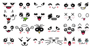 Kawaii sevimli yüzler. Manga tarzı gözler ve ağızlar. Farklı ifadelerde komik Japon karikatürü ifadeleri. İfade anime karakteri ve yüz resmi. Arka plan, duvar kağıdı. Yazdır.