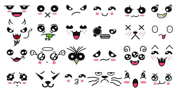 Caras lindas de Kawaii. Ojos y bocas estilo manga. Divertido emoticono japonés de dibujos animados en diferentes expresiones. Personaje de anime de expresión e ilustración de cara emoticono. Fondo, fondo de pantalla. Impresión . — Vector de stock