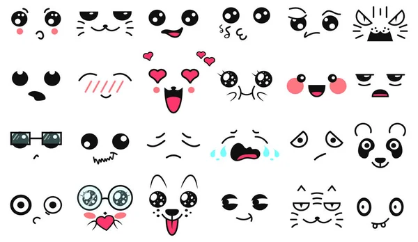 Caras lindas de Kawaii. Ojos y bocas estilo manga. Divertido emoticono japonés de dibujos animados en diferentes expresiones. Personaje de anime de expresión e ilustración de cara emoticono. Fondo, fondo de pantalla. Impresión . — Archivo Imágenes Vectoriales