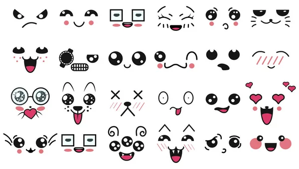 Kawaii cute faces. Manga style eyes and mouths. Funny cartoon japanese emoticon in in different expressions. For social networks. Expression anime character and emoticon face illustration. Background. — Stock Vector
