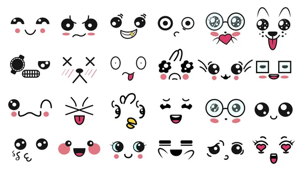 Caras lindas de Kawaii. Ojos y bocas estilo manga. Divertido emoticono japonés de dibujos animados en diferentes expresiones. Para las redes sociales. Personaje de anime de expresión e ilustración de cara emoticono. Contexto . — Archivo Imágenes Vectoriales