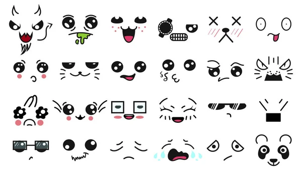 Caras lindas de Kawaii. Ojos y bocas estilo manga. Divertido emoticono japonés de dibujos animados en diferentes expresiones. Para las redes sociales. Personaje de anime de expresión e ilustración de cara emoticono. Contexto . — Vector de stock