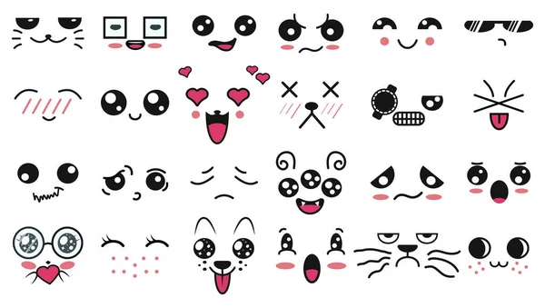 Kawaii putzige Gesichter. Augen und Münder im Manga-Stil. Lustige japanische Karikatur Emoticon in verschiedenen Ausdrücken. Für soziale Netzwerke. Ausdruck Anime Charakter und Emoticon Gesicht Illustration. Hintergrund. — Stockvektor