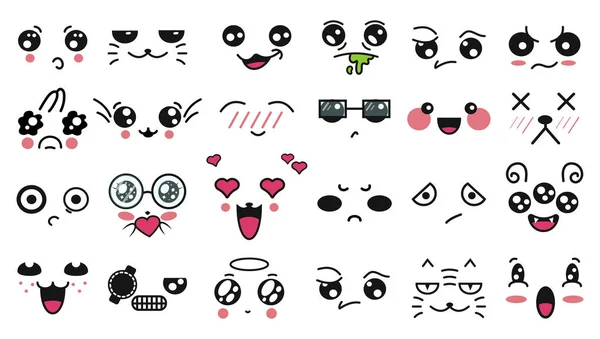 Kawaii cute faces. Manga style eyes and mouths. Funny cartoon japanese emoticon in in different expressions. For social networks. Expression anime character and emoticon face illustration. Background. — Stock Vector