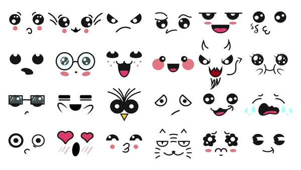 Caras lindas de Kawaii. Ojos y bocas estilo manga. Divertido emoticono japonés de dibujos animados en diferentes expresiones. Para las redes sociales. Personaje de anime de expresión e ilustración de cara emoticono. Contexto . — Archivo Imágenes Vectoriales