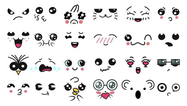 Des visages mignons Kawaii. Des yeux et des bouches de style manga. Drôle de dessin animé émoticône japonais dans différentes expressions. Pour les réseaux sociaux. Expression anime caractère et émoticône visage illustration. Contexte . — Image vectorielle