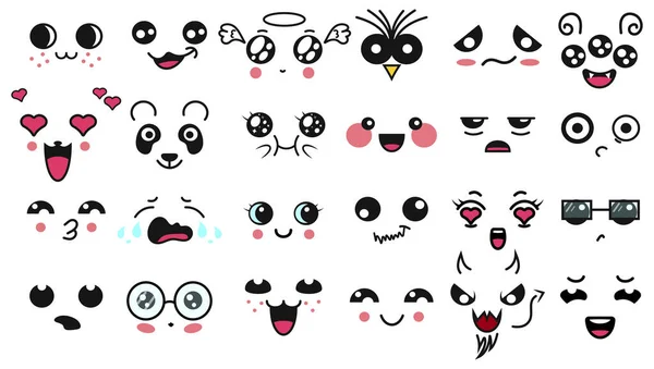 Caras giras Kawaii. Manga estilo olhos e bocas. Engraçado desenho animado emoticon japonês em diferentes expressões. Para redes sociais. Personagem de anime de expressão e ilustração facial de emoticon. Contexto . —  Vetores de Stock