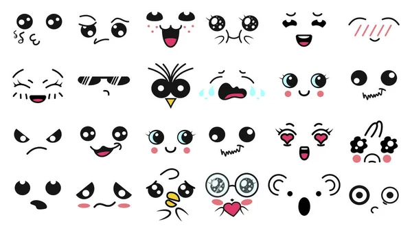 Caras giras Kawaii. Manga estilo olhos e bocas. Engraçado desenho animado emoticon japonês em diferentes expressões. Para redes sociais. Personagem de anime de expressão e ilustração facial de emoticon. Contexto . — Vetor de Stock