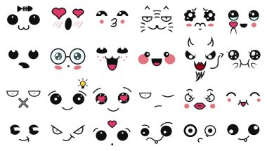 Kawaii sevimli yüzler. Farklı ifadelerde komik Japon karikatürü ifadeleri. İfade anime karakteri ve duygu. Sosyal ağ, baskı, Japon tarzı simgeler, cep telefonu, sohbet. kawaii duyguları.