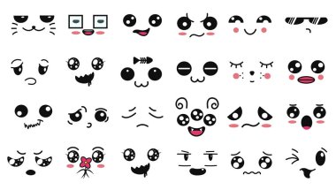 Kawaii sevimli yüzler. Farklı ifadelerde komik Japon karikatürü ifadeleri. İfade anime karakteri ve duygu. Sosyal ağ, baskı, Japon tarzı simgeler, cep telefonu, sohbet. kawaii duyguları.