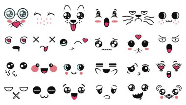 Kawaii sevimli yüzler. Farklı ifadelerde komik Japon karikatürü ifadeleri. İfade anime karakteri ve duygu. Sosyal ağ, baskı, Japon tarzı simgeler, cep telefonu, sohbet. kawaii duyguları.