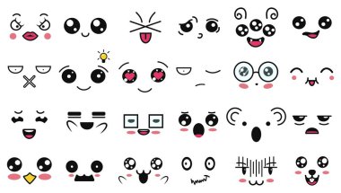 Kawaii sevimli yüzler. Farklı ifadelerde komik Japon karikatürü ifadeleri. İfade anime karakteri ve duygu. Sosyal ağ, baskı, Japon tarzı simgeler, cep telefonu, sohbet. kawaii duyguları.