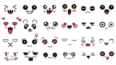 Kawaii sevimli yüzler. Farklı ifadelerde komik Japon karikatürü ifadeleri. İfade anime karakteri ve duygu. Sosyal ağ, baskı, Japon tarzı simgeler, cep telefonu, sohbet. kawaii duyguları.