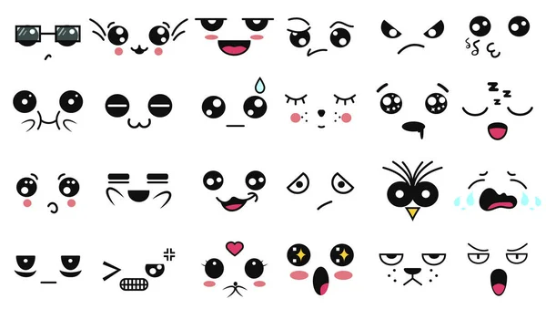 Caras Giras Kawaii Engraçado Desenho Animado Emoticon Japonês Diferentes Expressões — Vetor de Stock