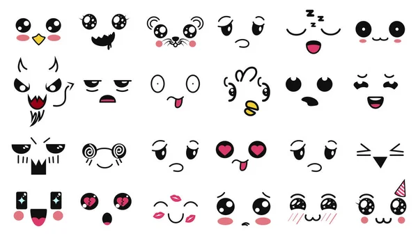 Caras lindas de Kawaii. Divertido emoticono japonés de dibujos animados en diferentes expresiones. Personaje de anime de expresión y emoción. Redes sociales, impresión, estilo japonés emoticonos, móvil, chat. emociones kawaii . — Archivo Imágenes Vectoriales