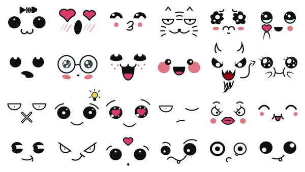 Kawaiovic roztomilé tváře. Vtipný kreslený japonský emotikon v různých výrazech. Vyjádření anime charakter a emoce. Sociální síť, tisk, Japonský styl emotikony, Mobilní, chat. kawaii emoce. — Stockový vektor