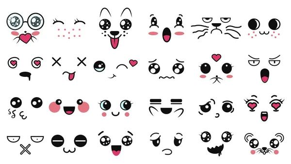 Caras lindas de Kawaii. Divertido emoticono japonés de dibujos animados en diferentes expresiones. Personaje de anime de expresión y emoción. Redes sociales, impresión, estilo japonés emoticonos, móvil, chat. emociones kawaii . — Vector de stock