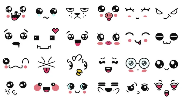 Κούαϊ, χαριτωμένα πρόσωπα. Αστείο καρτούν γιαπωνέζικο emoticon σε διαφορετικές εκφράσεις. Έκφραση anime χαρακτήρα και συναίσθημα. Κοινωνικό δίκτυο, εκτύπωση, Ιαπωνικά emoticons στυλ, Κινητό, chat. kawaii συναισθήματα. — Διανυσματικό Αρχείο