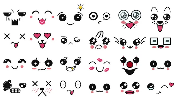 Κούαϊ, χαριτωμένα πρόσωπα. Αστείο καρτούν γιαπωνέζικο emoticon σε διαφορετικές εκφράσεις. Έκφραση anime χαρακτήρα και συναίσθημα. Κοινωνικό δίκτυο, εκτύπωση, Ιαπωνικά emoticons στυλ, Κινητό, chat. kawaii συναισθήματα. — Διανυσματικό Αρχείο